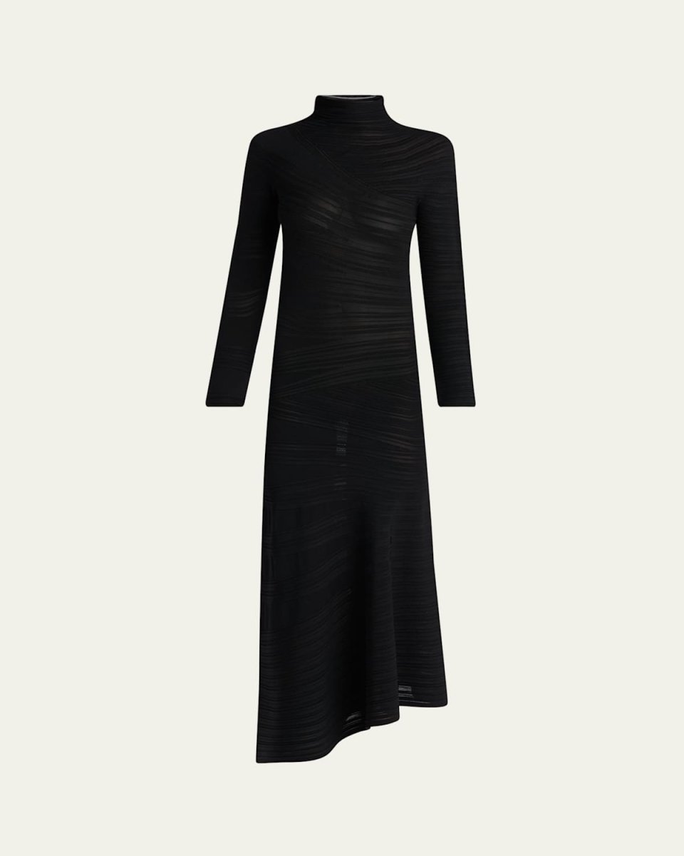 Asymmetric Tonal Striped Jersey Mock-Neck Midi Dress